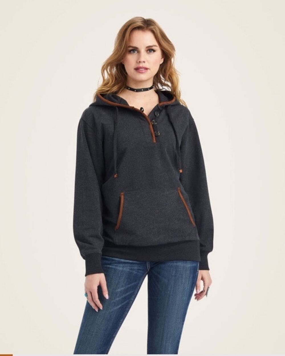 Ariat Real Elevated Hoodie Women’s Sz XL Fleece Leather Trim Henley Sweatshirt